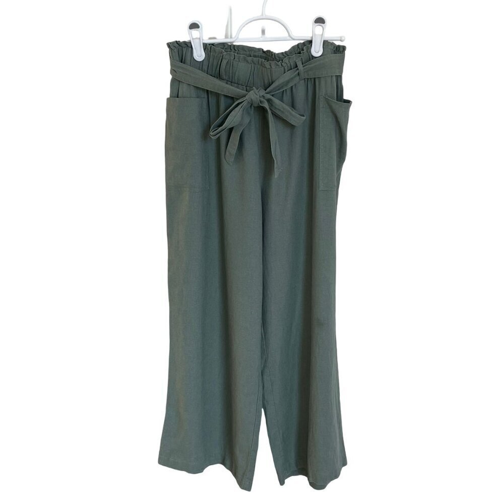 TROPIK Women’s Linen Rayon Blend Crop Belted Pants Laurel Green Wide Leg Small